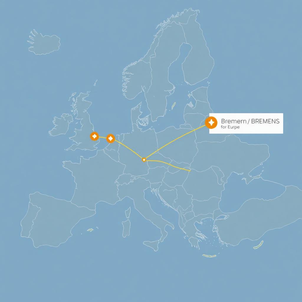 Europa-Karte mit Routen von Bremen in verschiedene Länder