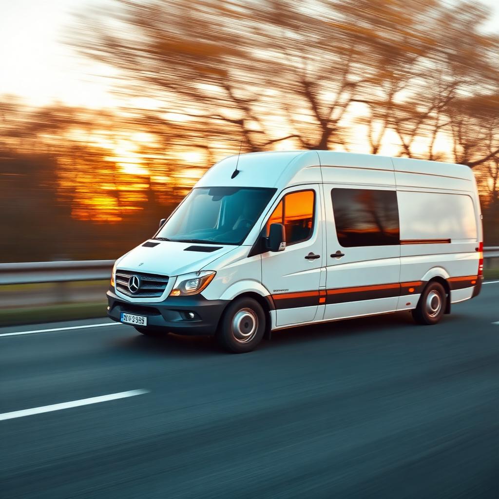 Weißer Kurier-Transporter auf deutscher Autobahn im Sonnenuntergang
