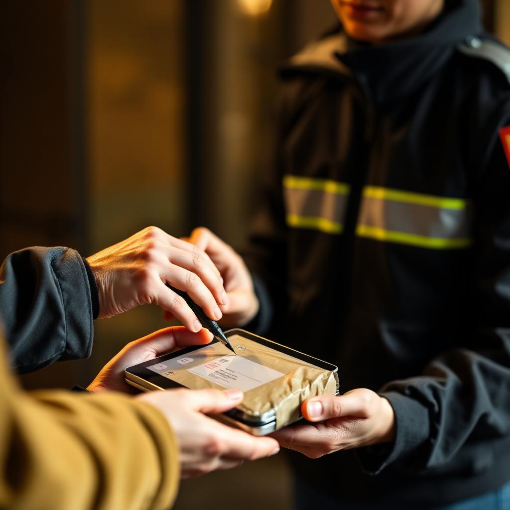 Kurier übergibt versiegeltes Paket und lässt es auf Tablet signieren