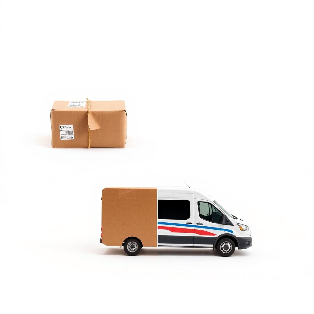 Vergleich zwischen Paket und Kurier-Transporter auf weißem Hintergrund